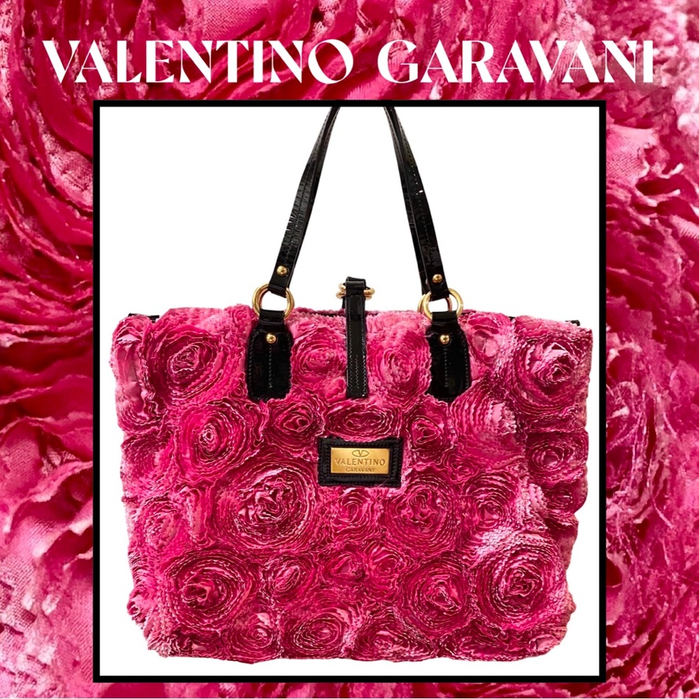 VALENTINO GARAVANI Rosier Italy Pink Silk Roses Black Patent Leather Tote Purse